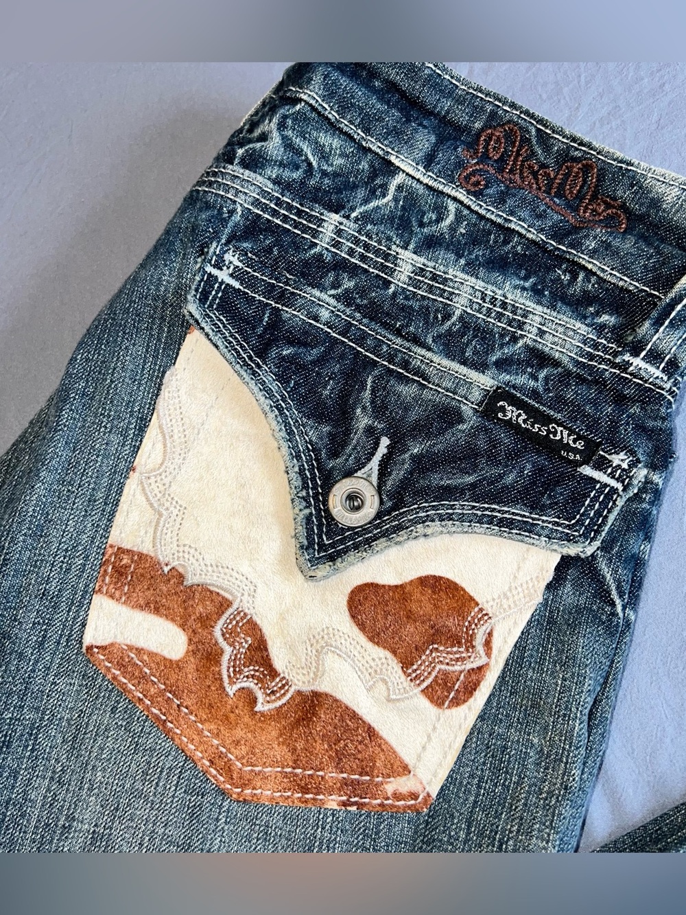 Miss Me Jeans Womens 27 Bootcut Cow Hide Jeweled Western Low Rise Casual - Picture 1 of 15
